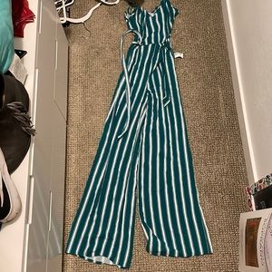Green and white striped jumpsuit